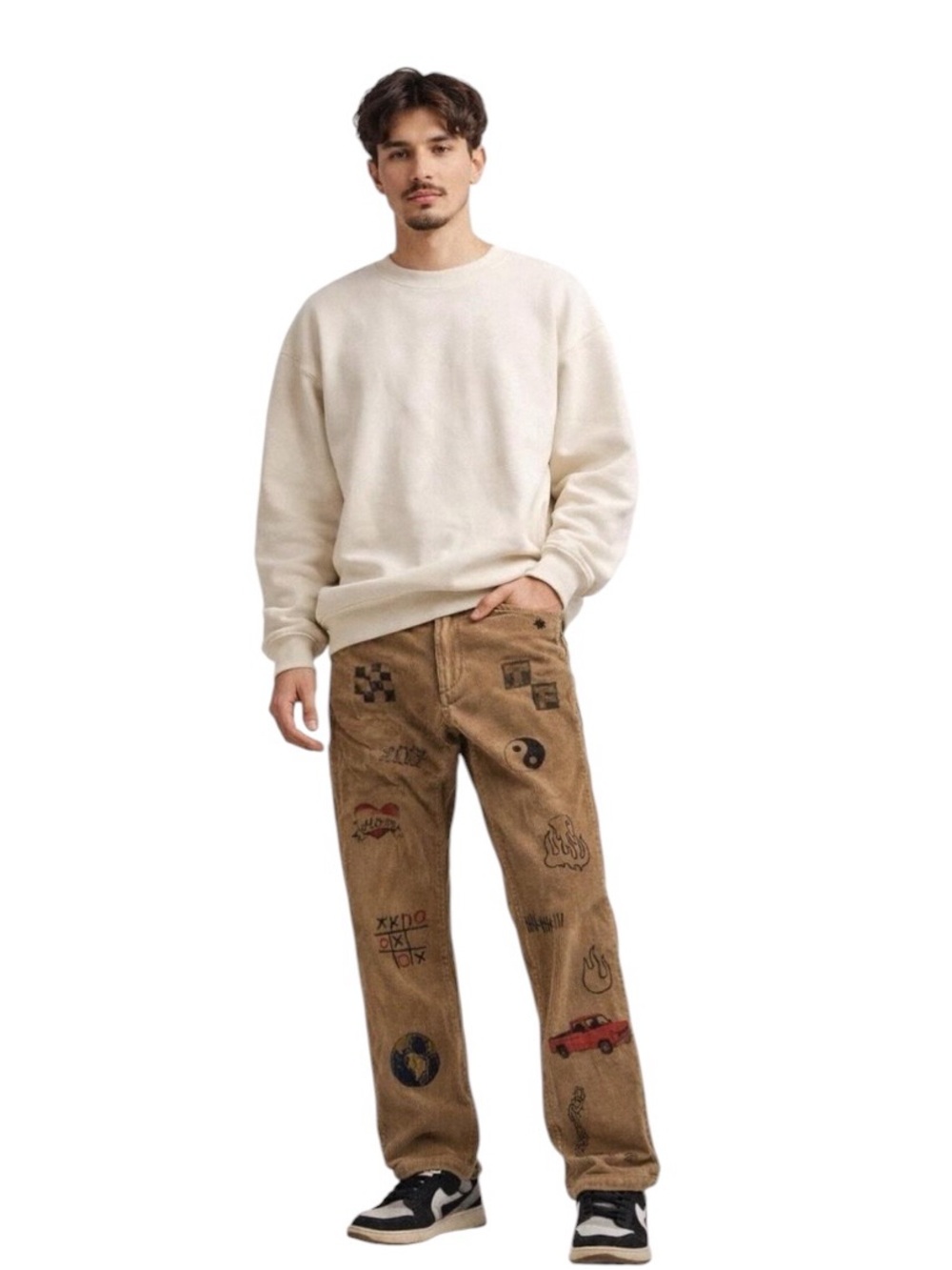 Teddy Fresh Tan Corduroy Pants with Graphic Motifs Y2K Streetwear
